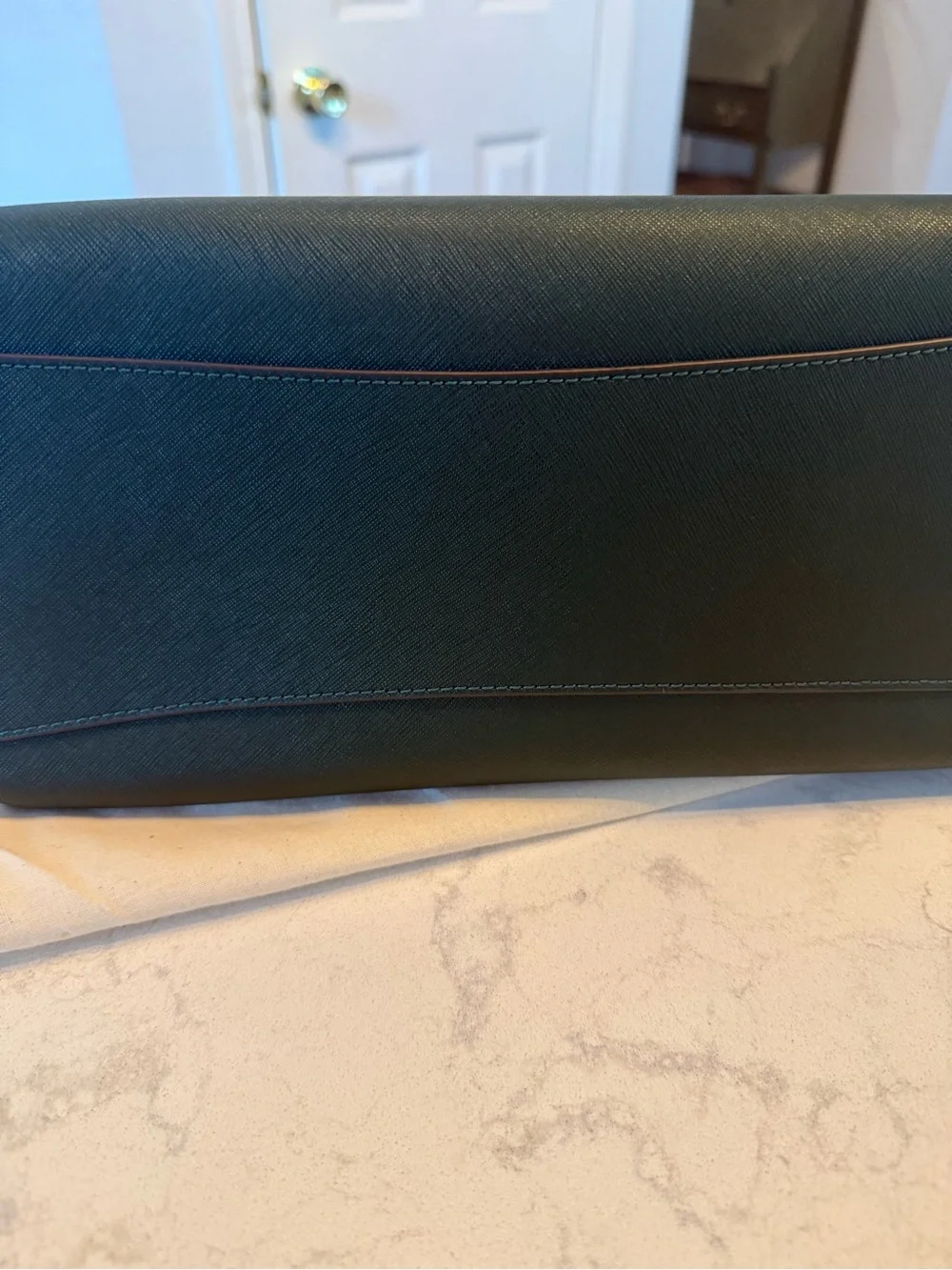 Tory Burch Deep Teal Saffiano Leather Tote with Gold Hardware